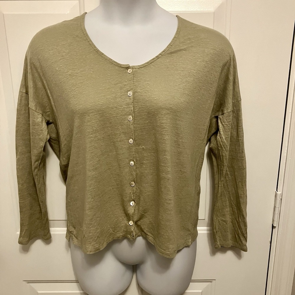 WRAP LONDON Shirt Women's Size UK 16 US 12 Green 100% Linen Button Up Blouse Top